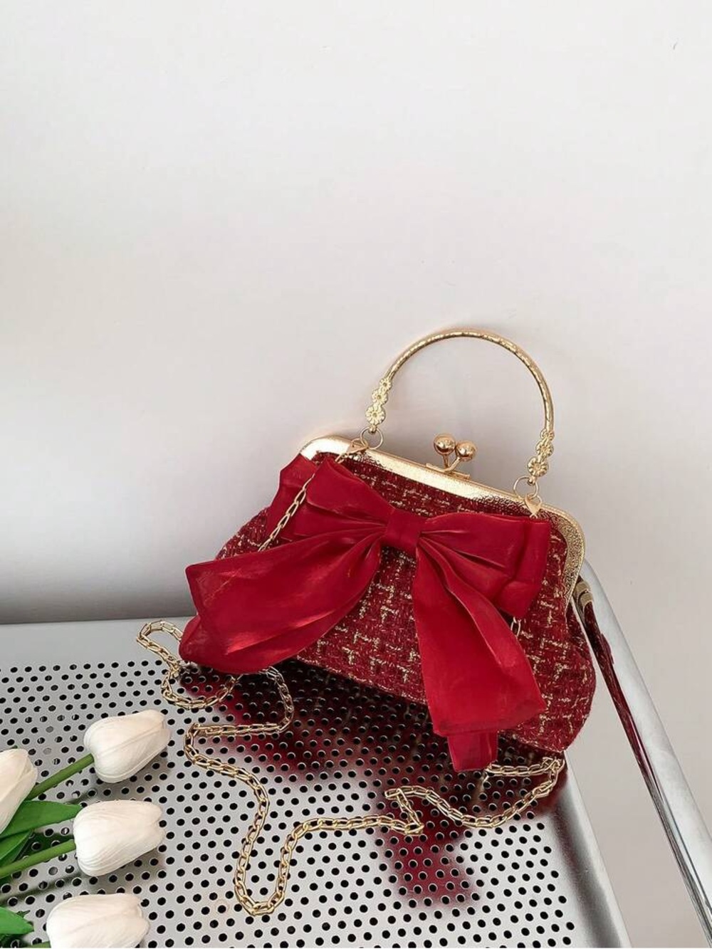 Red Tweed Bow-Accent Top Handle Bag - Unbranded